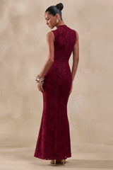 Ravissa | Burgundy Lace High-Neck Maxi Dress