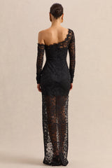 Orlania | Black Lace Asymmetric-Neck Maxi Dress With Asymmetric-Hem