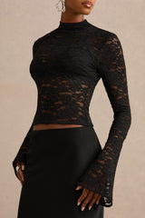 Maline | Black Lace High-Neck Top With Bell-Sleeves
