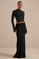 Maline | Black Lace High-Neck Top With Bell-Sleeves