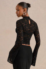 Maline | Black Lace High-Neck Top With Bell-Sleeves