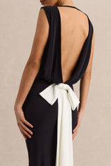 Elicette | Black Round-Neck Maxi Dress With Open-Back And Bow-Detail