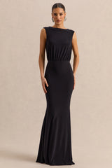 Elicette | Black Round-Neck Maxi Dress With Open-Back And Bow-Detail