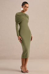 Delaria | Olive Crew-Neck Midi Dress With Twist-Knot Detail