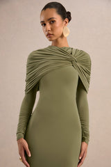 Delaria | Olive Crew-Neck Midi Dress With Twist-Knot Detail