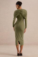 Delaria | Olive Crew-Neck Midi Dress With Twist-Knot Detail
