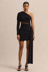 Celara | Black Asymmetric-Neck Mini Dress With Mesh-Detail And Sash