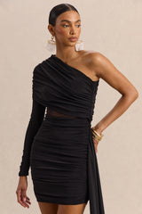 Celara | Black Asymmetric-Neck Mini Dress With Mesh-Detail And Sash