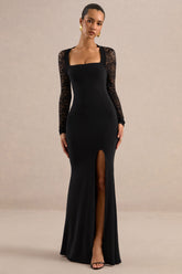 Anessa | Black Square-Neck Maxi Dress With Lace Long-Sleeves
