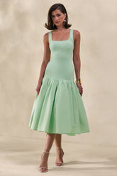Nanette | Mint Square-Neck Midi Dress With Voluminous Skirt