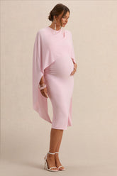 Arwen | Light Pink Round-Neck Maternity Midi Dress With Cape Detail