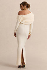 Carleigh | Cream Asymmetric-Neck Maternity Maxi Dress With Draped Detailing