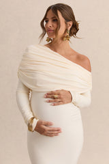 Carleigh | Cream Asymmetric-Neck Maternity Maxi Dress With Draped Detailing