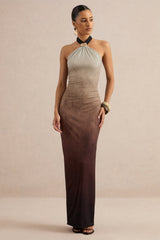Thera | Brown Ombre Halter-Neck Maxi Dress With Gold Detail