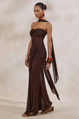 Ursa | Brown Bandeau-Neck Maxi Dress With Scarf Detail And Gathered Detailing