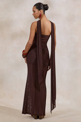 Ursa | Brown Bandeau-Neck Maxi Dress With Scarf Detail And Gathered Detailing