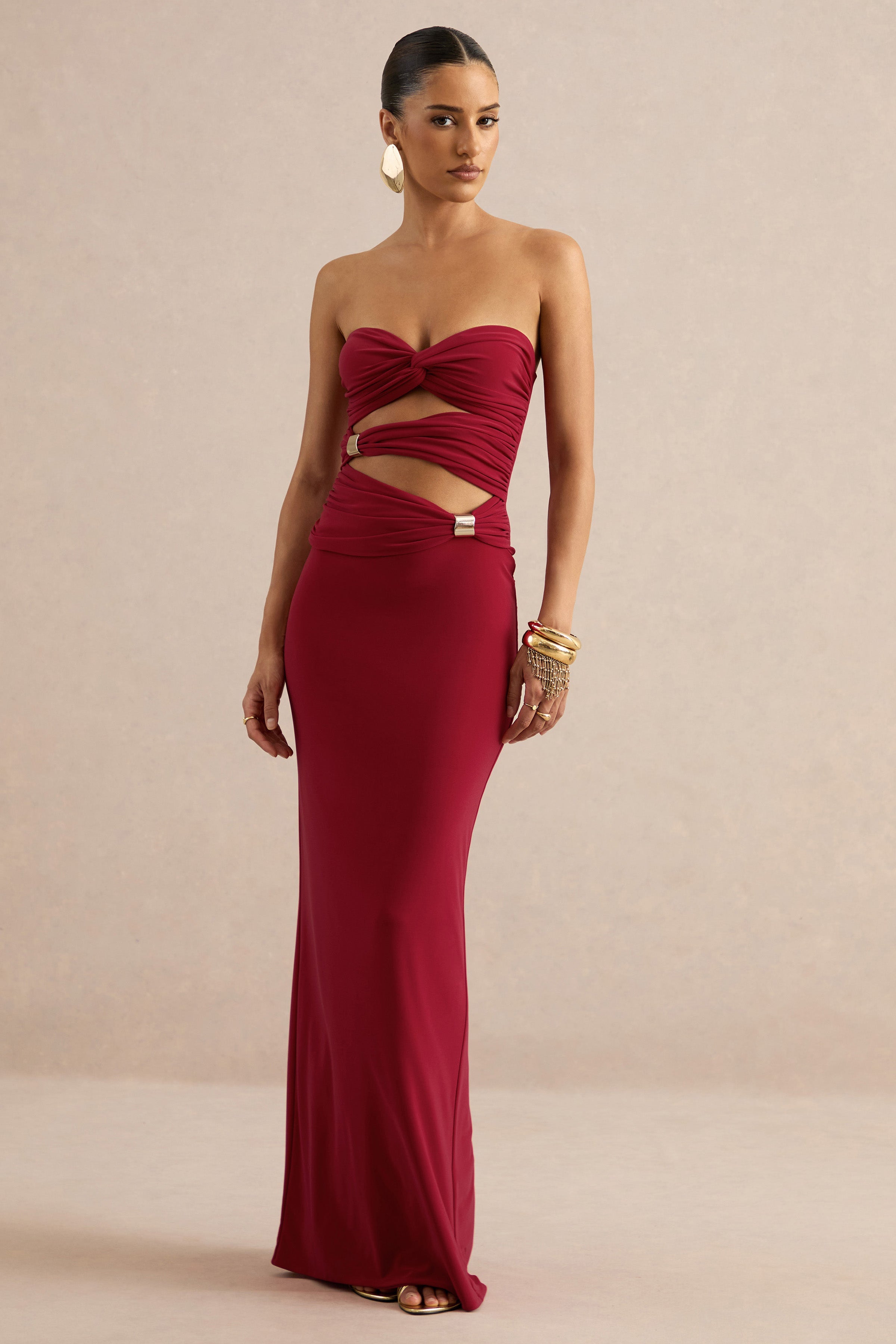 Mireia | Red Bandeau-Neck Maxi Dress With Body Cut-Out And Gold Details