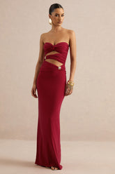 Mireia | Red Bandeau-Neck Maxi Dress With Body Cut-Out And Gold Details
