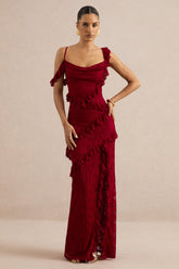 Sera | Red Lace Ruffle Trim Maxi Dress