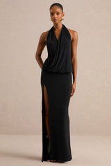 Velia | Black Extreme Plunge-Neck Semi-Sheer Maxi Dress With Front High Split
