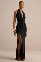Velia | Black Extreme Plunge-Neck Semi-Sheer Maxi Dress With Front High Split