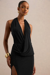Velia | Black Extreme Plunge-Neck Semi-Sheer Maxi Dress With Front High Split