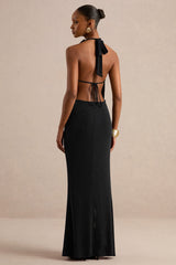Velia | Black Extreme Plunge-Neck Semi-Sheer Maxi Dress With Front High Split