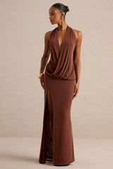 Velia | Brown Extreme Plunge-Neck Semi-Sheer Maxi Dress With Front High Split