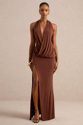 Velia | Brown Extreme Plunge-Neck Semi-Sheer Maxi Dress With Front High Split