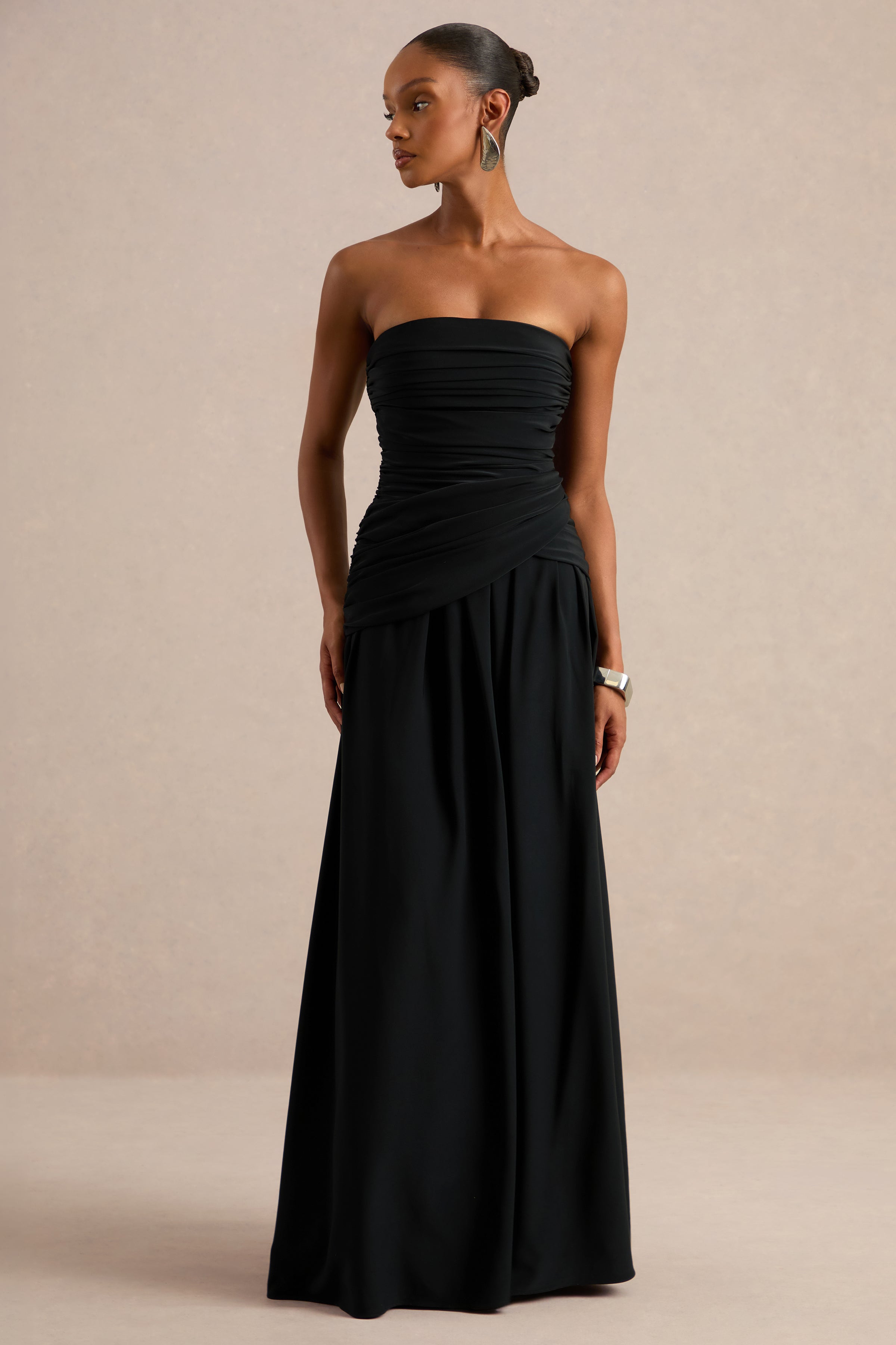 Alvilda | Black Satin Maxi Dress With Draped Detailing