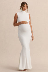 Saffira | White High-Neck Maternity Maxi Dress With Draped Detailing