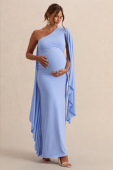 Shanae | Light Blue Asymmetric-Neck Maternity Maxi Dress With Cape Sleeve And Gathered Detailing