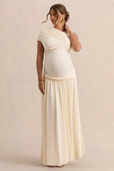 Naida | Cream Round-Neck Maternity Maxi Dress With Draped Detailing