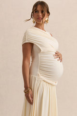 Naida | Cream Round-Neck Maternity Maxi Dress With Draped Detailing