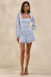 Korinna | Blue Lace Square-Neck Romper With Belt Detail
