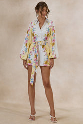 Mariposa | Lemon Floral Round-Neck Tailored Romper