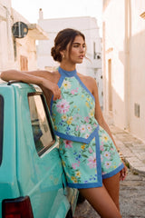 Maritza | Mint Floral Halter-Neck Asymmetric Romper