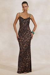 Silvana | Leopard Print Mesh Cowl-Neck Maxi Dress