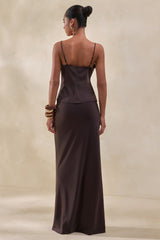 Sybella | Dark Brown Satin V-Neck Top