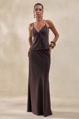 Sybella | Dark Brown Satin V-Neck Top