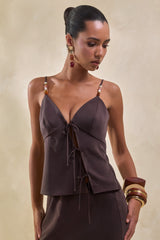 Sybella | Dark Brown Satin V-Neck Top