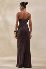 Sybella | Dark Brown Satin Maxi Skirt