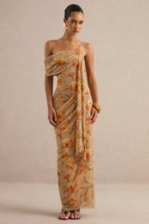 Afton | Orange Floral Mesh Asymmetric-Neck Maxi Dress With Sash Detail