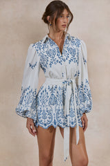 Adria | White And Blue Floral Broderie V-Neck Romper