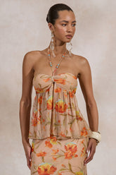 Flaviah | Orange Floral Print Mesh Halter-Neck Top