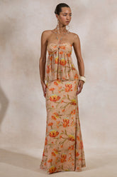 Flaviah | Orange Floral Print Mesh Maxi Skirt