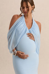 Caris | Light Blue Bardot-Neck Maternity Maxi Dress