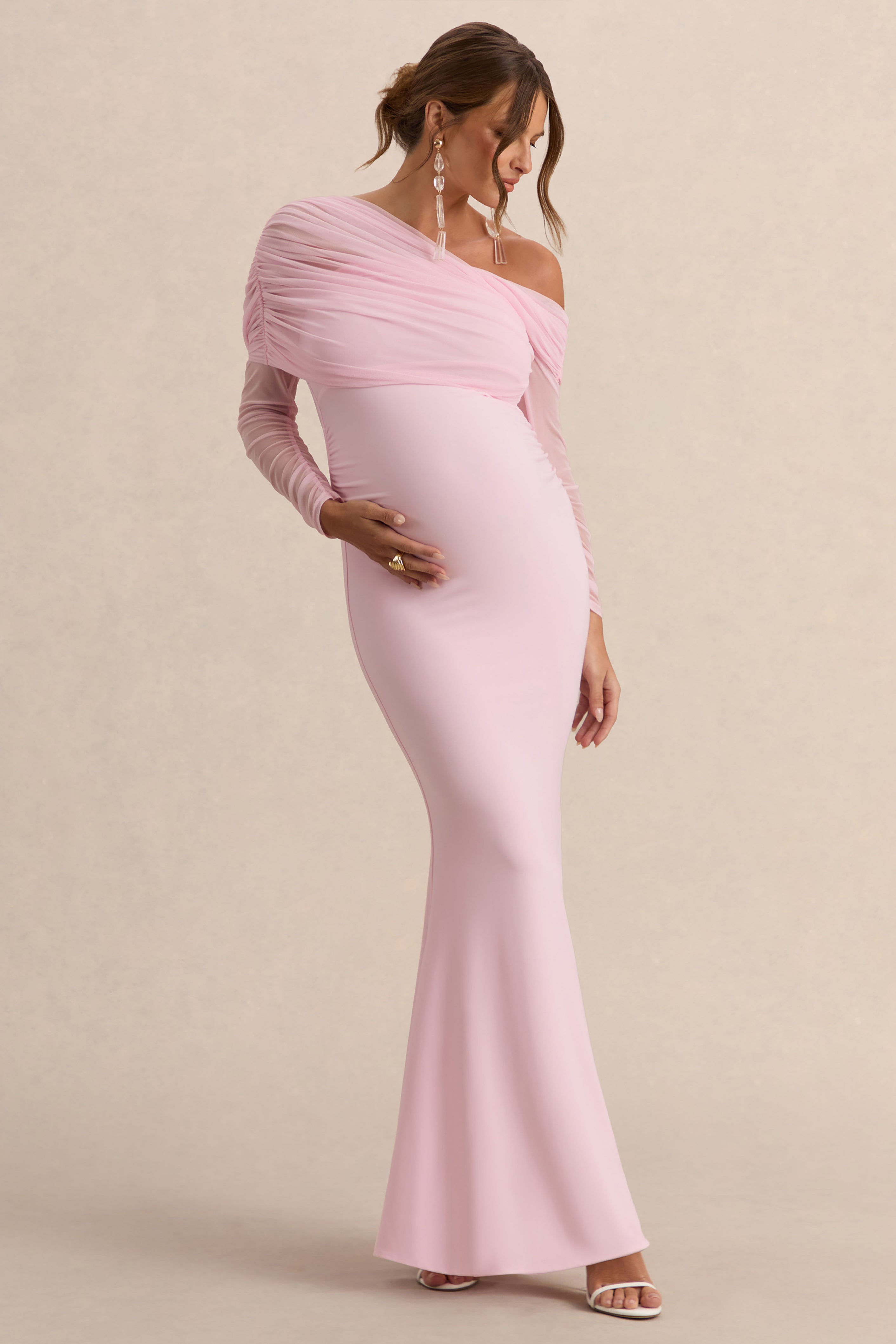 Ianthe | Light Pink Asymmetric-Neck Maternity Maxi Dress With Mesh Long Sleeves