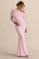 Ianthe | Light Pink Asymmetric-Neck Maternity Maxi Dress With Mesh Long Sleeves