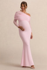 Ianthe | Light Pink Asymmetric-Neck Maternity Maxi Dress With Mesh Long Sleeves